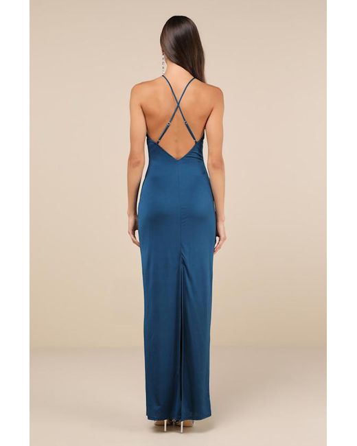 Lulus Blue Momentous Glamour Dark Cross-Front Backless Maxi Dress