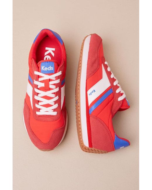 Keds Red Rena Color Block Suede Leather Lace-Up Sneakers