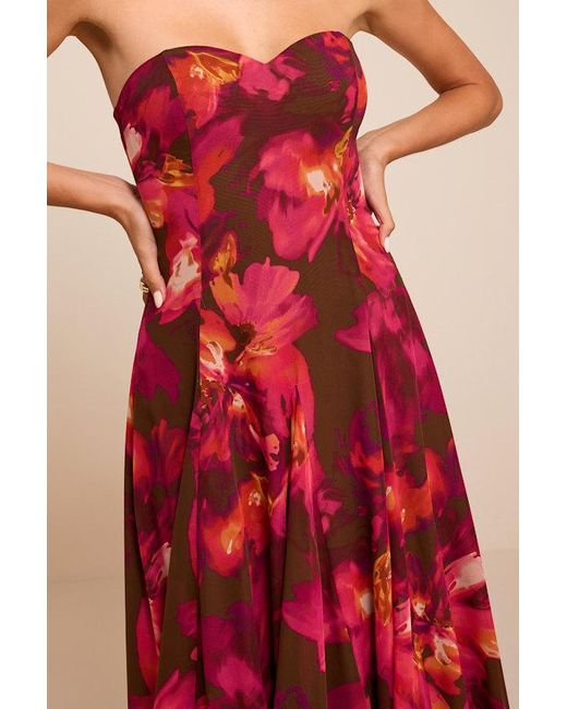 Lulus Red Madoria Multi Floral Strapless Midi Dress