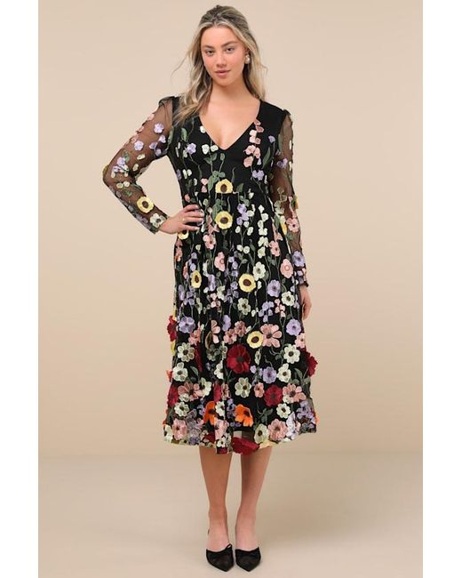 Lulus Black Impressive Blossom 3D Floral Embroidered Midi Dress