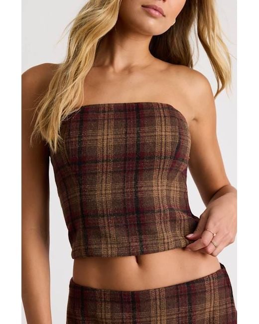 Lulus Brown Annette Plaid Strapless Top