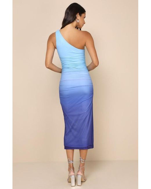 Lulus Blue Beautiful Perception Ombre One-Shoulder Mesh Midi Dress