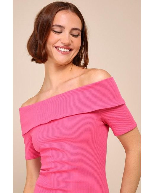 Lulus Pink Remarkably Flirty Hot Ribbed Off-The-Shoulder Midi Dress