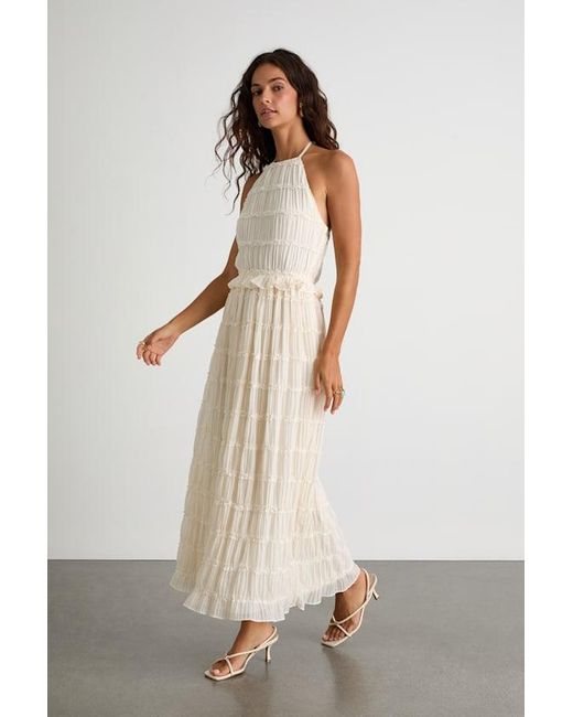 Lulus Natural Madriana Halter Neck Ruffed Midi Dress