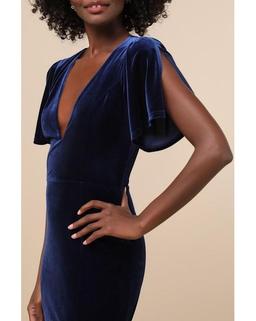 Lulus Blue Elegant Evenings Velvet Flutter Sleeve Trumpet Maxi Dress