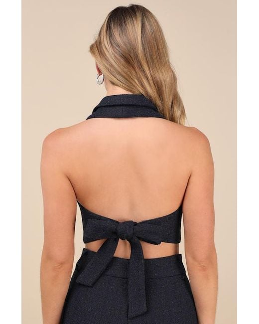 Lulus Blue Looking Posh Tweed Backless Cropped Halter Vest Top
