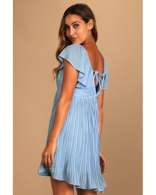 Lulus Blue Amalfi Coast Light Pleated Flutter Sleeve Mini Dress