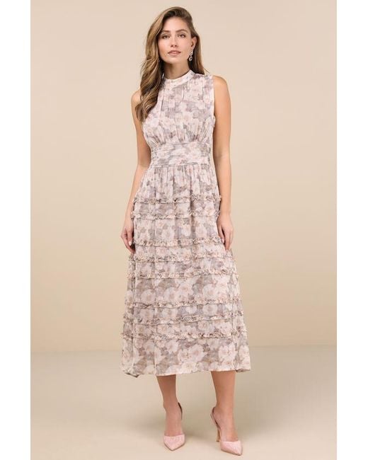 Lulus Natural Happily Sweet Floral Mock Neck Backless Midi Dress