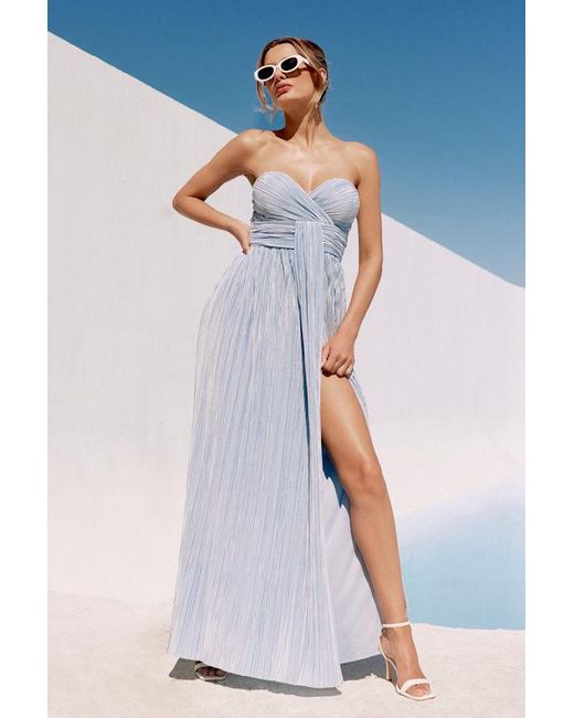 Lulus Blue Oswin Satin Plisse Strapless Maxi Dress