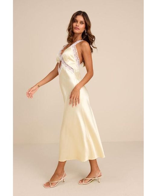 Lulus Natural Camara Pale Satin Lace Slip Midi Dress