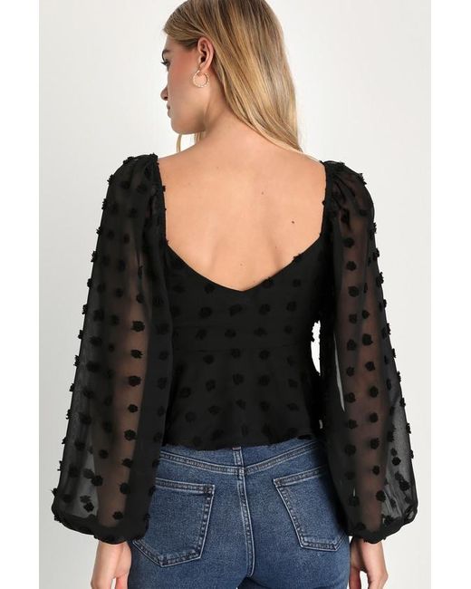 Lulus Black Touch Of Chic Clip Dot Balloon Sleeve Top