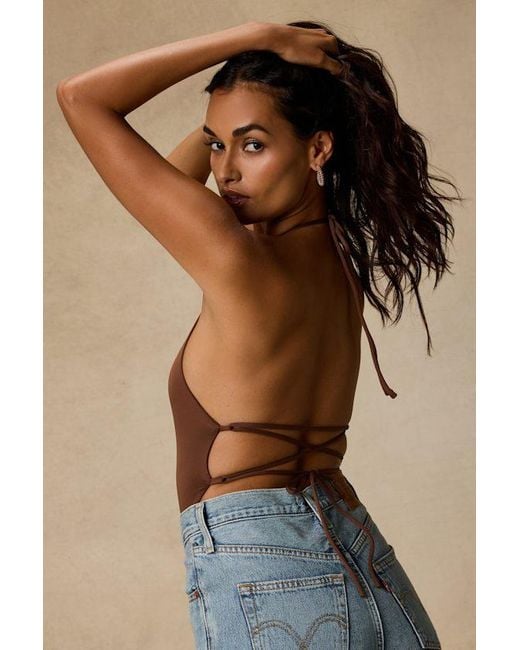 Lulus Brown Nabella Jersey Knit Lace-Up Bodysuit