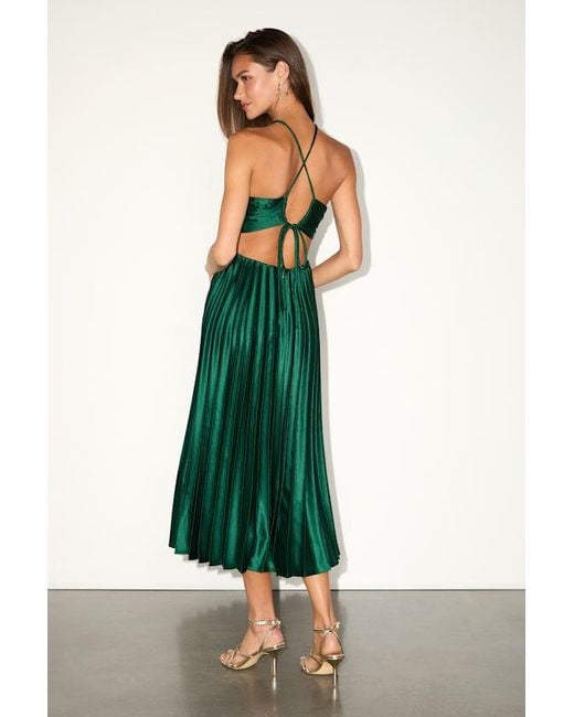 Lulus Green Aerin Emerald Satin Pleated Cutout Midi Dress