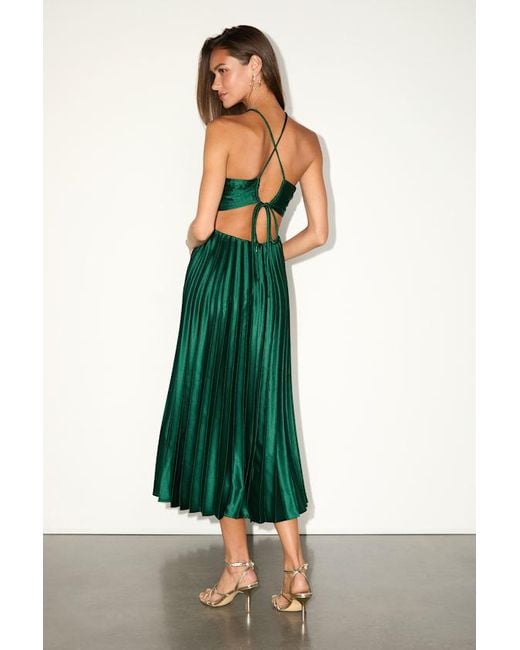 Lulus Green Aerin Emerald Satin Pleated Cutout Midi Dress