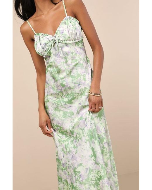JACQUIE THE LABEL Green Valentina Multi Abstract Satin Ruffled Maxi Dress