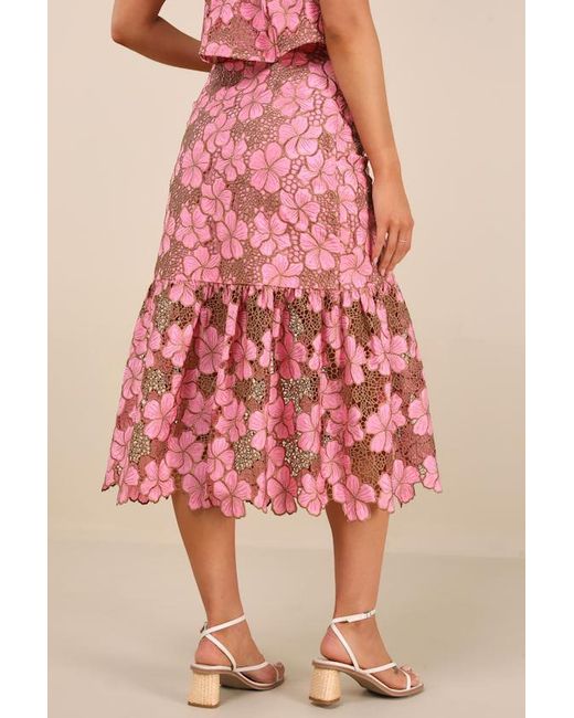 Lulus Pink Quintessa Floral Crochet Lace Tiered Midi Skirt