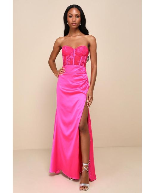 Lulus Pink Prominent Glamour Hot Embroidered Strapless Maxi Dress