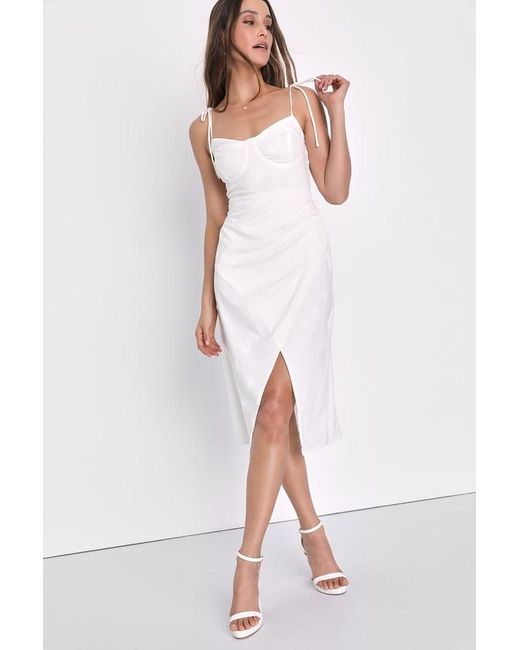 Lulus White Wishing On Love Satin Butterfly Jacquard Tie-Strap Dress