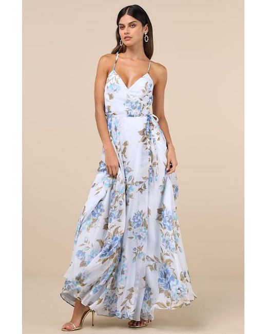 Lulus Blue Oh-So Romantic Pale Floral Print Sleeveless Wrap Maxi Dress