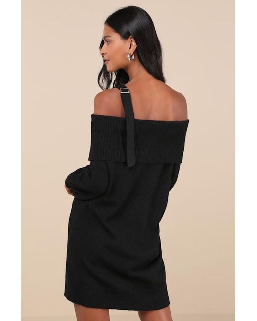 Lulus Black Elevated Comfort One-Shoulder Sweater Mini Dress