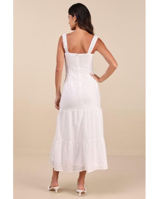 Lulus Natural Nerissa Eyelet Embroidered Ruffled Drop Waist Midi Dress