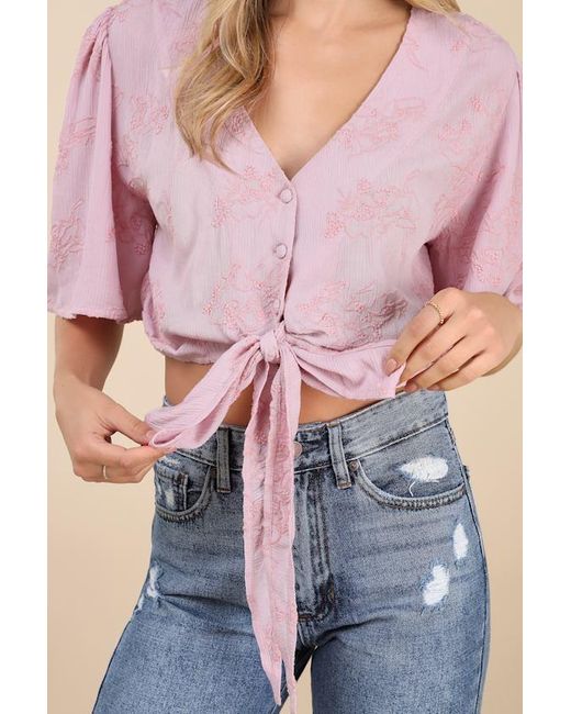 Lulus Pink Delightful Darling Floral Embroidered Tie-Front Crop Top