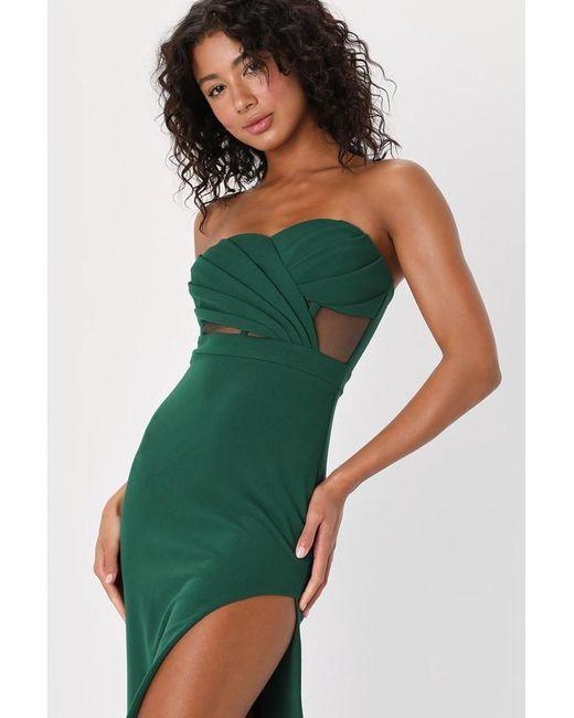 Lulus Green Sultry Glances Emerald Pleated Strapless Bustier Dress