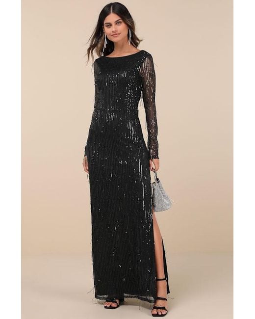 Lulus Blue Glittery Devotion Sequin Fringe Maxi Dress