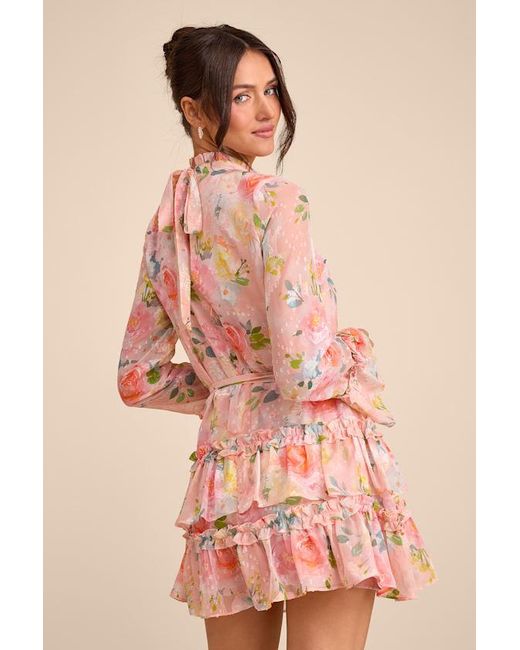 Lulus Pink Lenna Multi Floral Ruffled Mini Dress