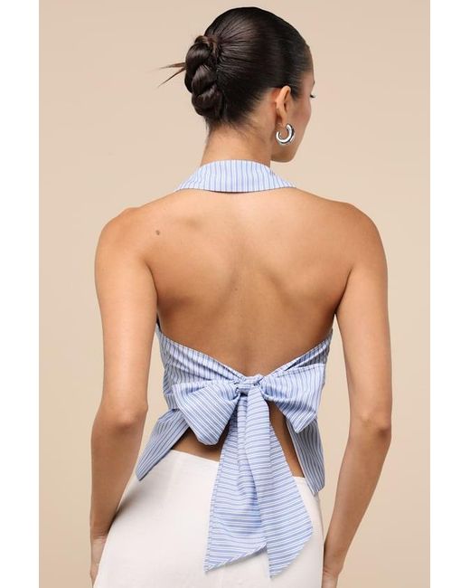 Lulus Blue Giosetta Pinstriped Button-Front Halter Top