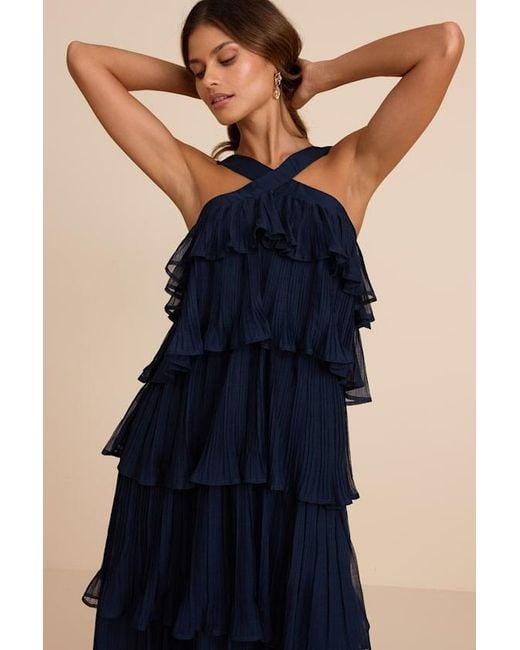 Lulus Blue Lauretta Plisse Tiered Midi Dress