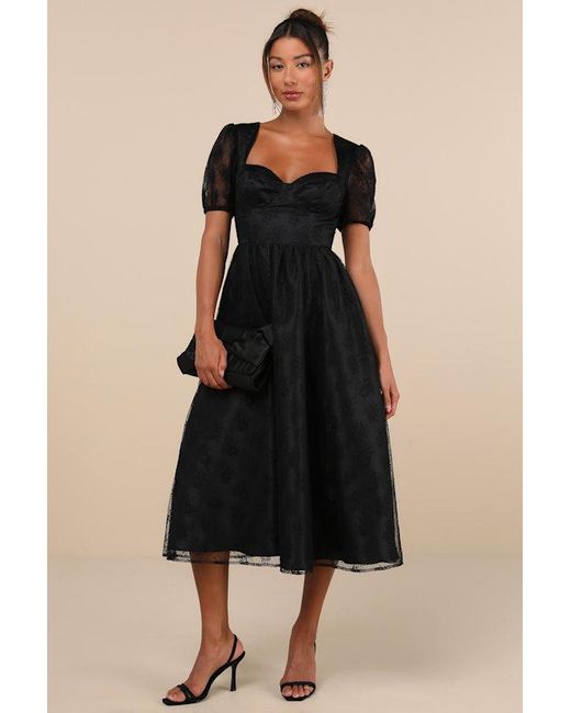 Lulus Remarkable Grace Lace Puff Sleeve Bustier Midi Dress in Black | Lyst