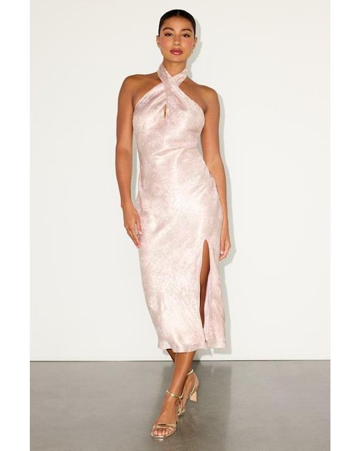 Lulus Pink Beyond Classy Blush Satin Jacquard Halter Midi Dress