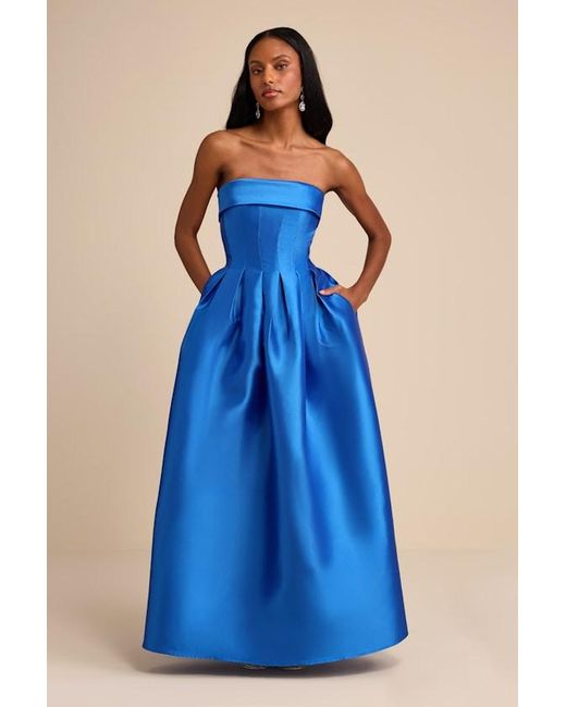 Lulus Blue Novalie Taffeta Pleated Strapless A-Line Maxi Dress