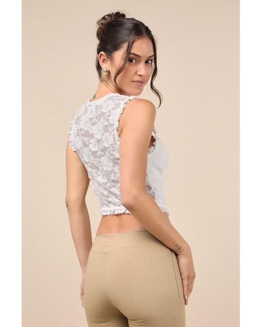 Lulus White Lasting Cuteness Lace Ruffled Button-Front Crop Top