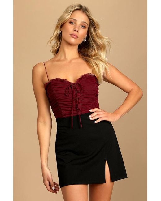 Lulus Purple Some Nights Lace-Up Ruched Sleeveless Bodysuit