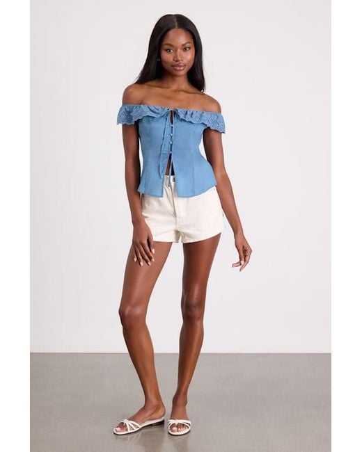 Lulus Blue Alesana Eyelet Embroidered Button-Front Top