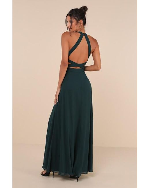 Lulus Blue Confidently Charismatic Emerald Backless Halter Maxi Dress
