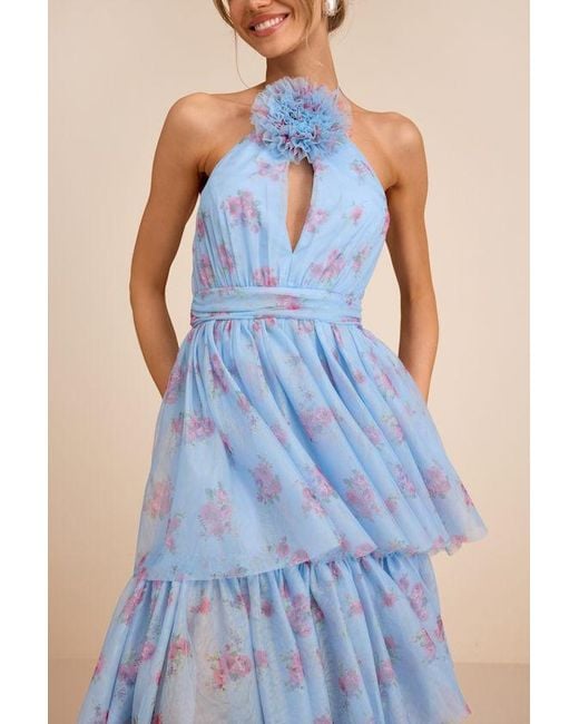 Lulus Blue Charmian Floral Tulle Tiered Maxi Dress