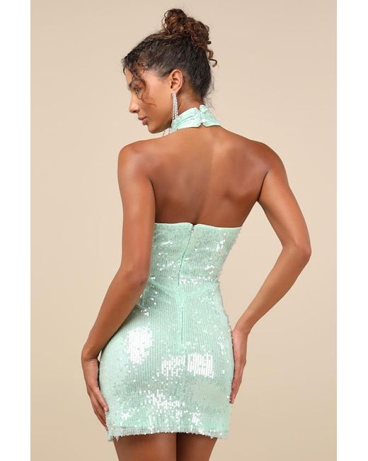 Lulus Green Sensational Purpose Mint Sequin Halter Tulip Mini Dress