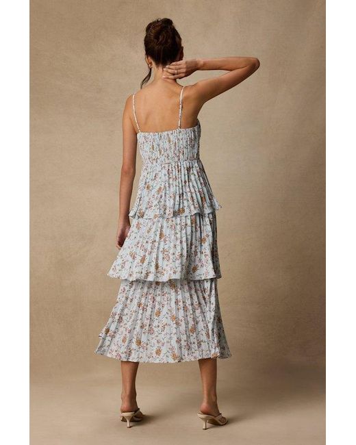 Lulus Natural Cascading Crush Pale Floral Print Tiered Bustier Midi Dress