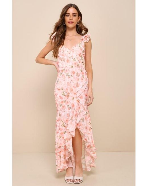 Lulus Pink Darling Glow Floral Ruffled High-Low Maxi Dress