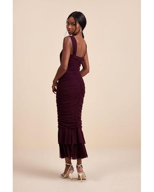 Lulus Red Aelara Dark Plum Mesh Ruched Trumpet Midi Dress