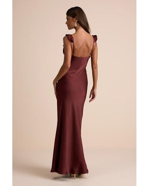 Lulus Brown Angela Satin Ruffed Slip Maxi Dress