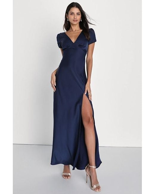 Lulus Blue Epitome Of Romance Satin Puff Sleeve Maxi Dress