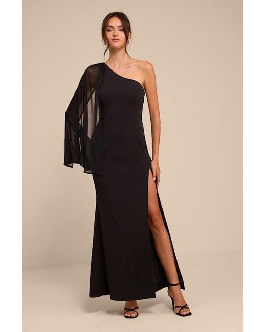 Lulus Black Majestic Attitude Cape Sleeve One-Shoulder Maxi Dress