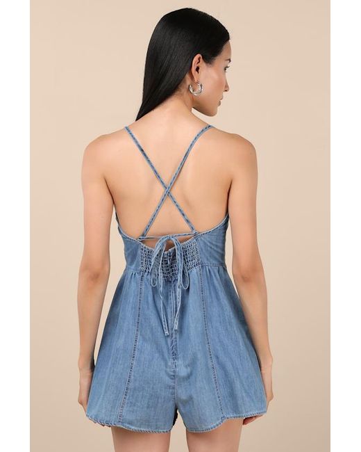 Lulus Blue Everyn Chambray Backless A-Line Romper