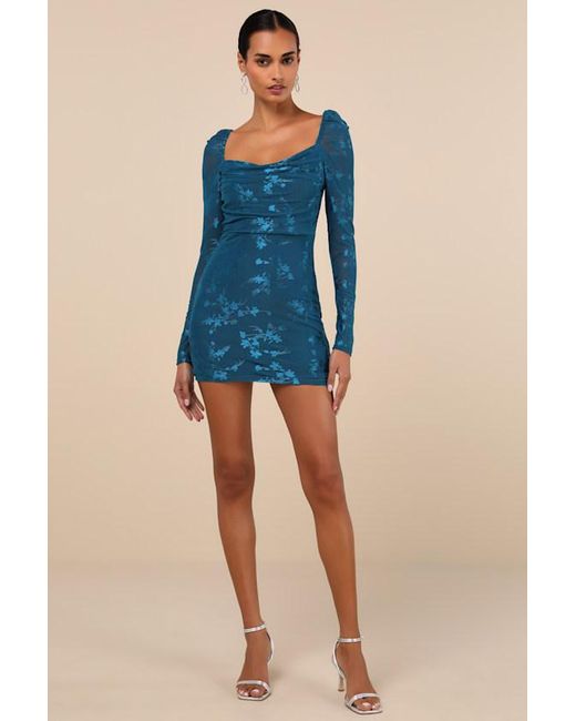 Lulus Blue Sultry Occasion Dark Mesh Floral Long Sleeve Mini Dress