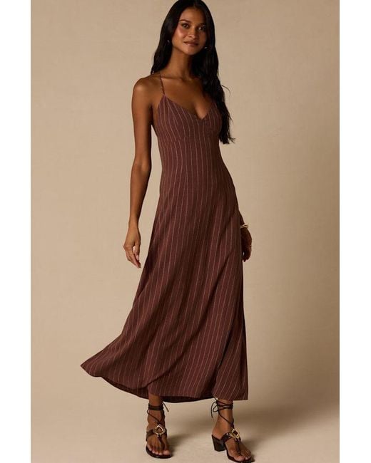 Lulus Brown Lilly Pinstriped Tie-Back Midi Dress