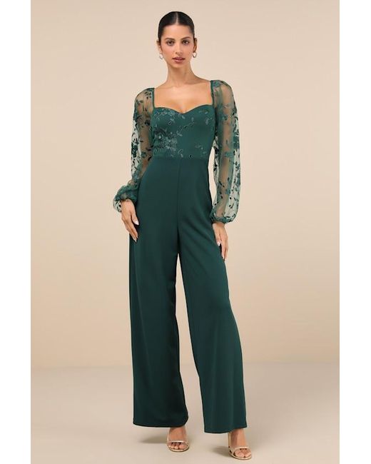 Lulus Green Darling Charisma Emerald Mesh Embroidered Jumpsuit